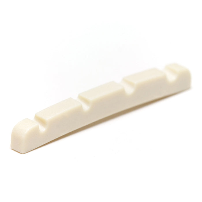 Off-white curved guitar nut with four string slots shown on a white background.