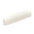 White slotted nut saddle with six grooves for strings on a plain white background.