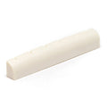 Off-white slotted guitar nut with six grooves, shown on white background.