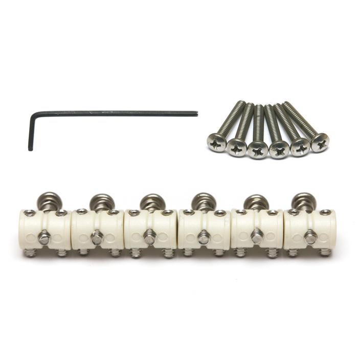 Six white adjustable barrel saddles, six screws, and a black hex key on a white background.