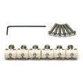 Six white adjustable barrel saddles, six screws, and a black hex key on a white background.