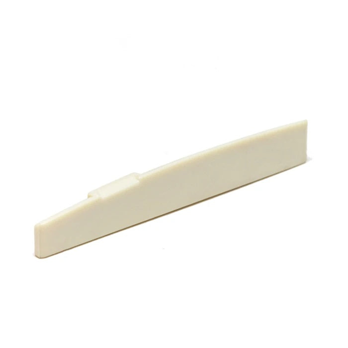 Off-white curved synthetic guitar saddle piece on a white background.