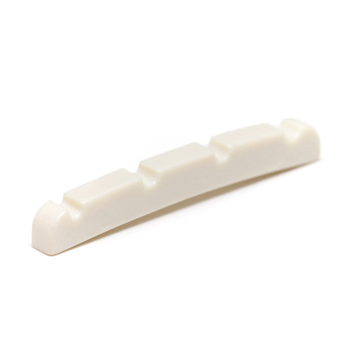 White curved four-string guitar slotted nut with consistent slot spacing on a white background.