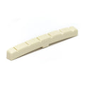 Curved off-white plastic guitar nut with six slots for strings shown on a white background.