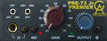 Close-up of a studio preamp panel with gain and output knobs, connectors, switches, and LED indicators.