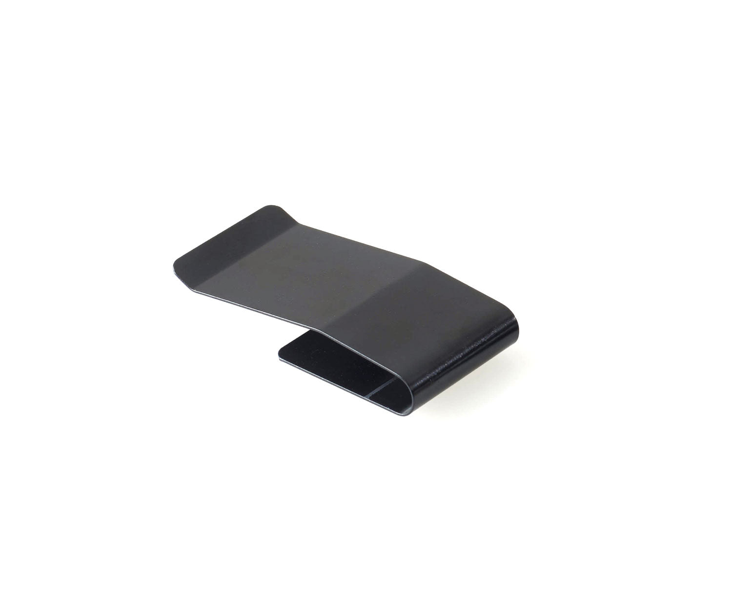 A black metal clip with a bent shape designed to hold or attach items.
