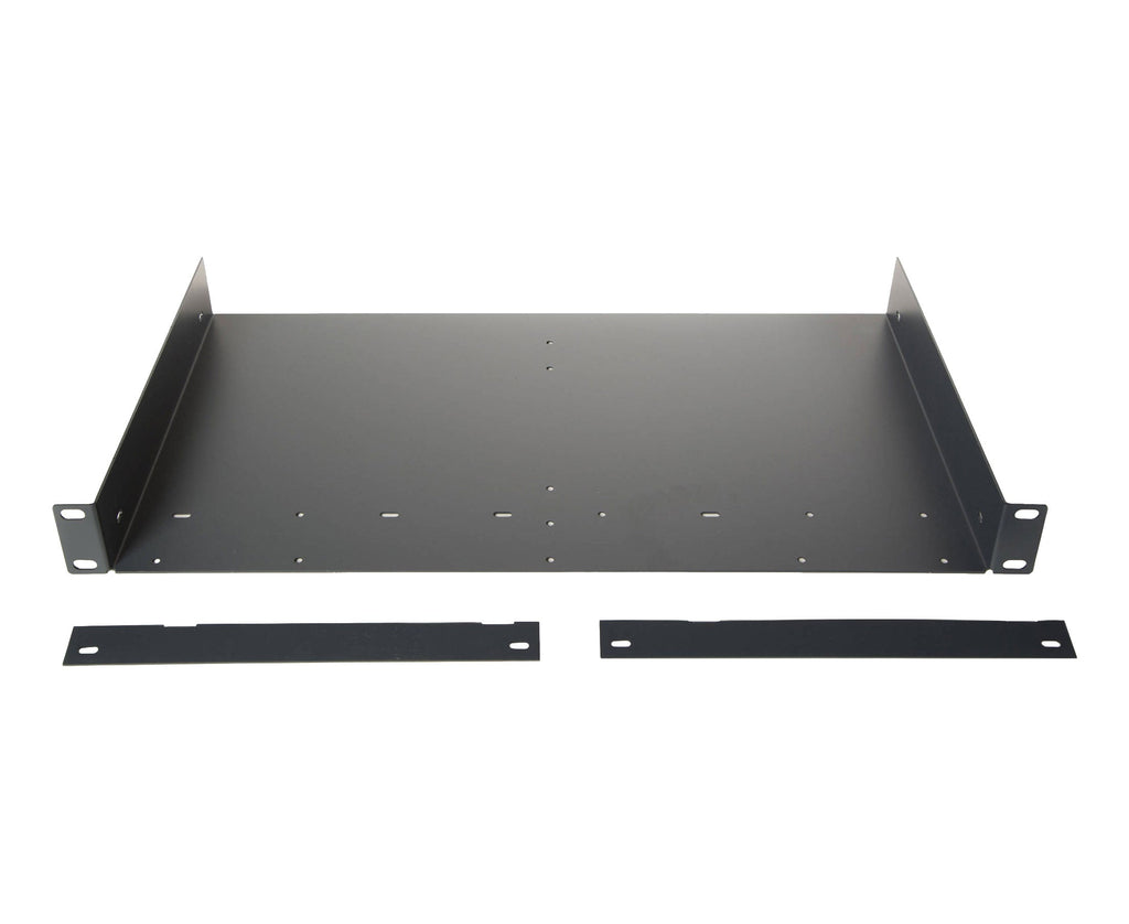 Black metal rack mount bracket with two separate flat rack panel strips laid in front