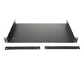 Black metal rack mount bracket with two separate flat rack panel strips laid in front