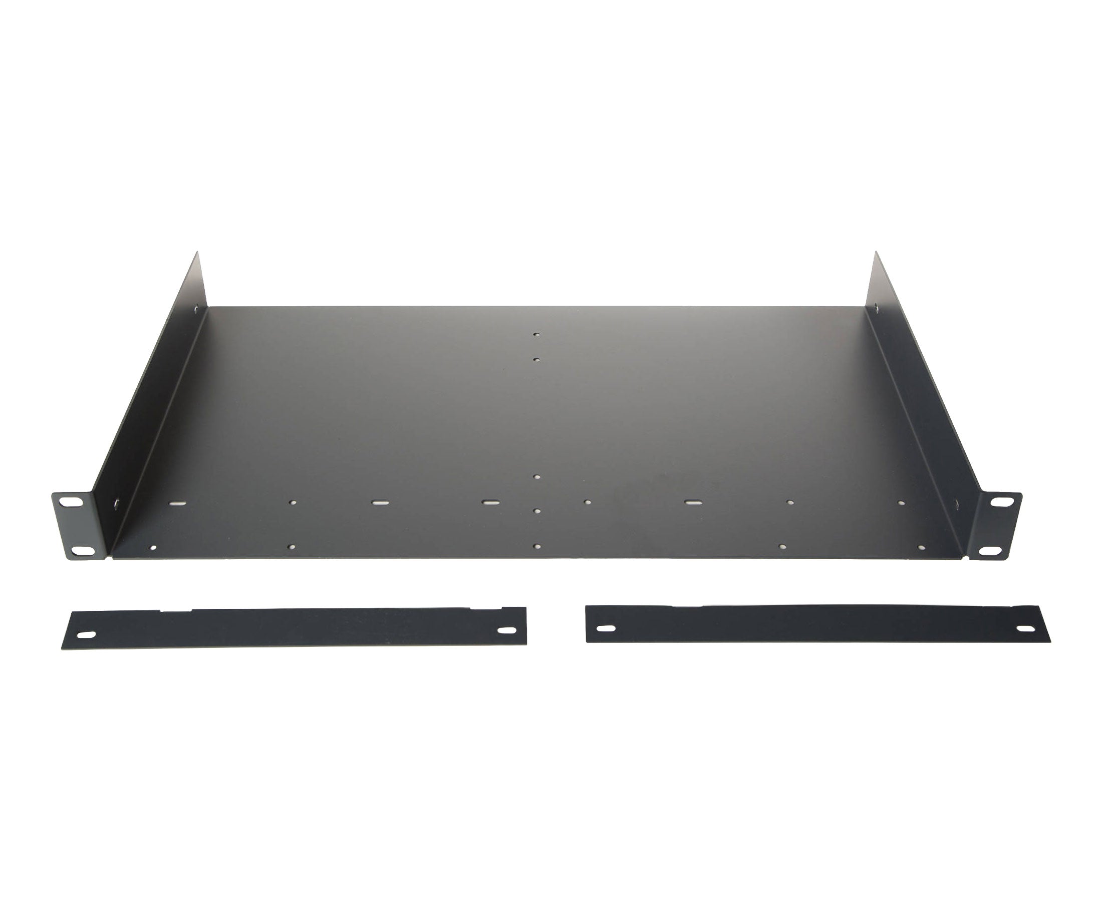 Black metal rack mount bracket with two separate flat rack panel strips laid in front