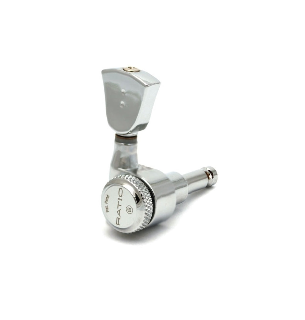 Single silver machine head tuner with knob labeled Rat:0 and patent pending mark.
