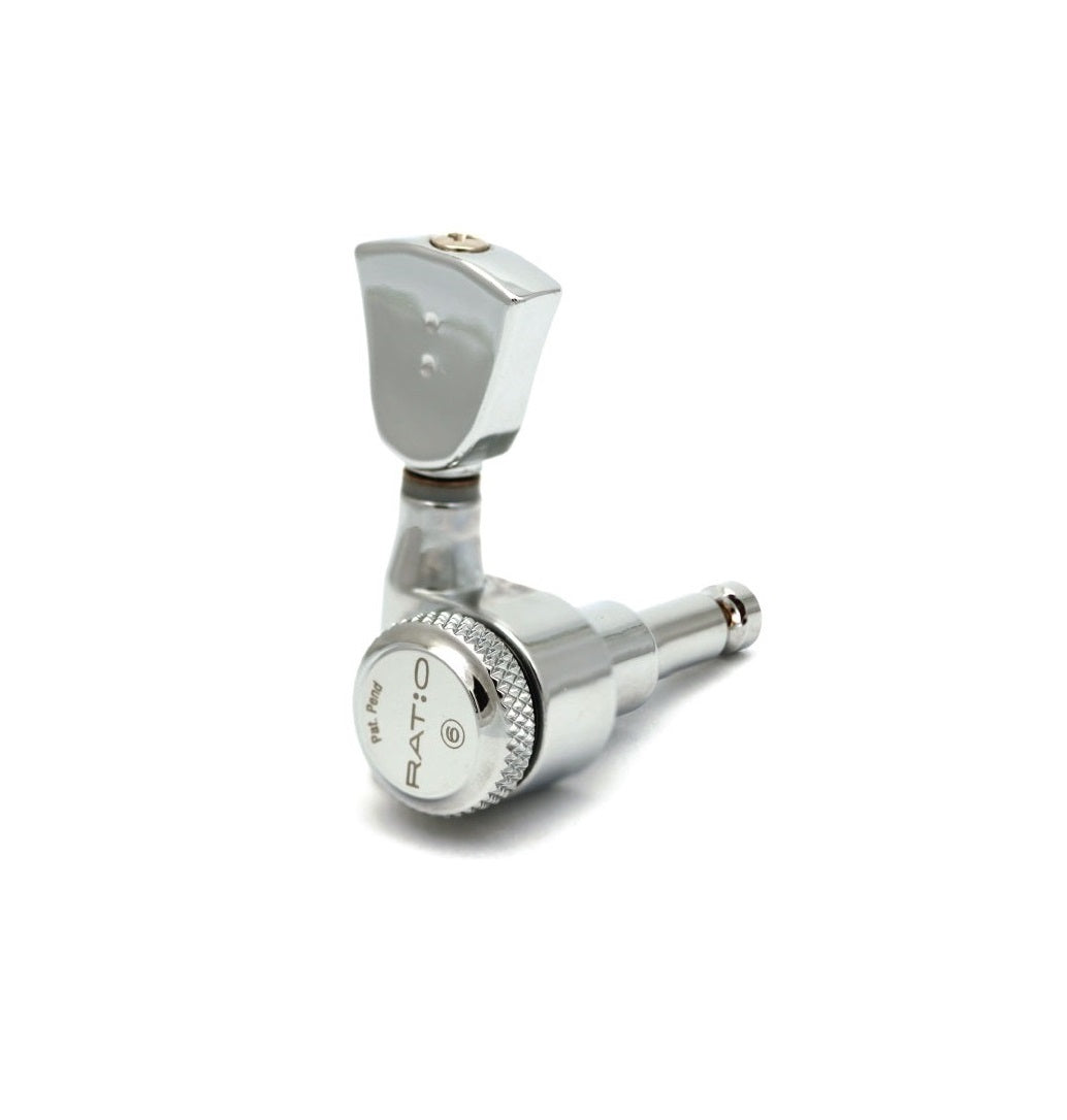 Single silver machine head tuner with knob labeled Rat:0 and patent pending mark.