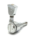 Close-up of a silver guitar tuning peg with 'RATIO pat. pend' text on the knob and a metal tuning button.