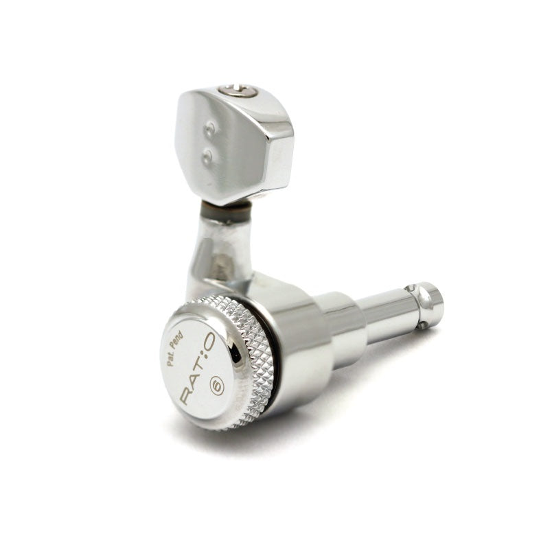 Close-up of a single chrome locking guitar tuner machine head with knurled adjustment knob and 2-pin mounting post.