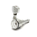 Close-up of a single chrome locking guitar tuner machine head with knurled adjustment knob and 2-pin mounting post.