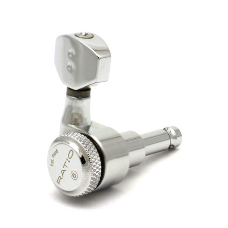 Single silver metal locking guitar tuner with knurled adjustment knob labeled 'RATIO'
