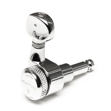Single silver metal locking tuner for string instrument with knurled adjustment knob and tuning peg.