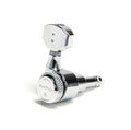Close-up of a single chrome electric guitar tuning peg labeled Ratio with number 6.