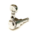 Close-up of a chrome locking tuning machine head with a knurled adjustment knob and two-pin shaft.