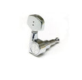 Chrome metal tuning machine head for guitar with two-pin shaft and contemporary button.