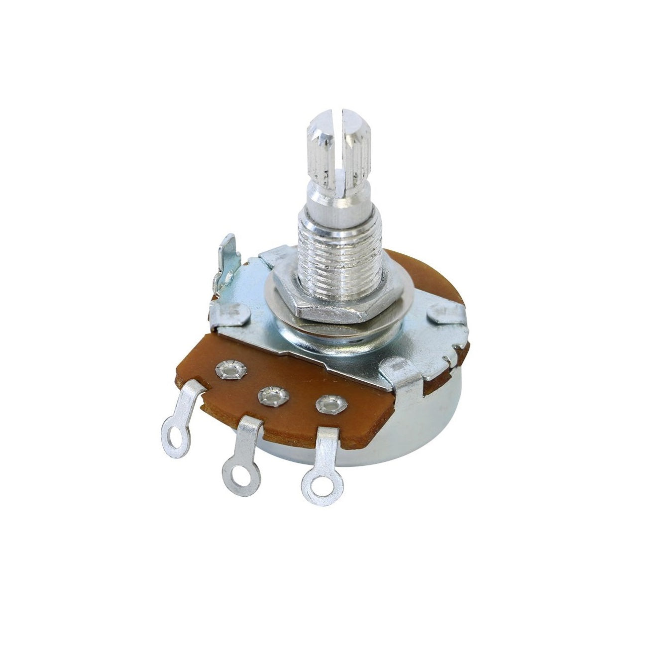 Close-up of a metal and brown audio potentiometer with three solder lug terminals and a slotted shaft.