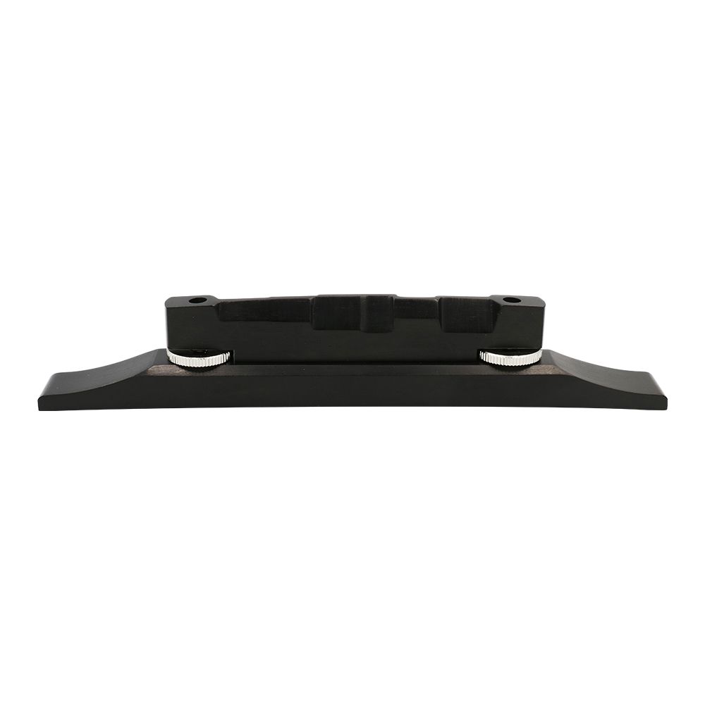 Black compensated acoustic guitar bridge with fine-tuning adjustment screws in silver, made of wood and metal.