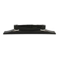 Black compensated acoustic guitar bridge with fine-tuning adjustment screws in silver, made of wood and metal.
