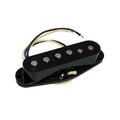 Black single-coil guitar pickup with four pole pieces and two wire leads on white background.