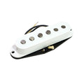 White single-coil guitar pickup with five pole pieces and attached wires on a white background.