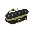 Single coil guitar pickup with black cover, six pole dots, and attached wire leads.