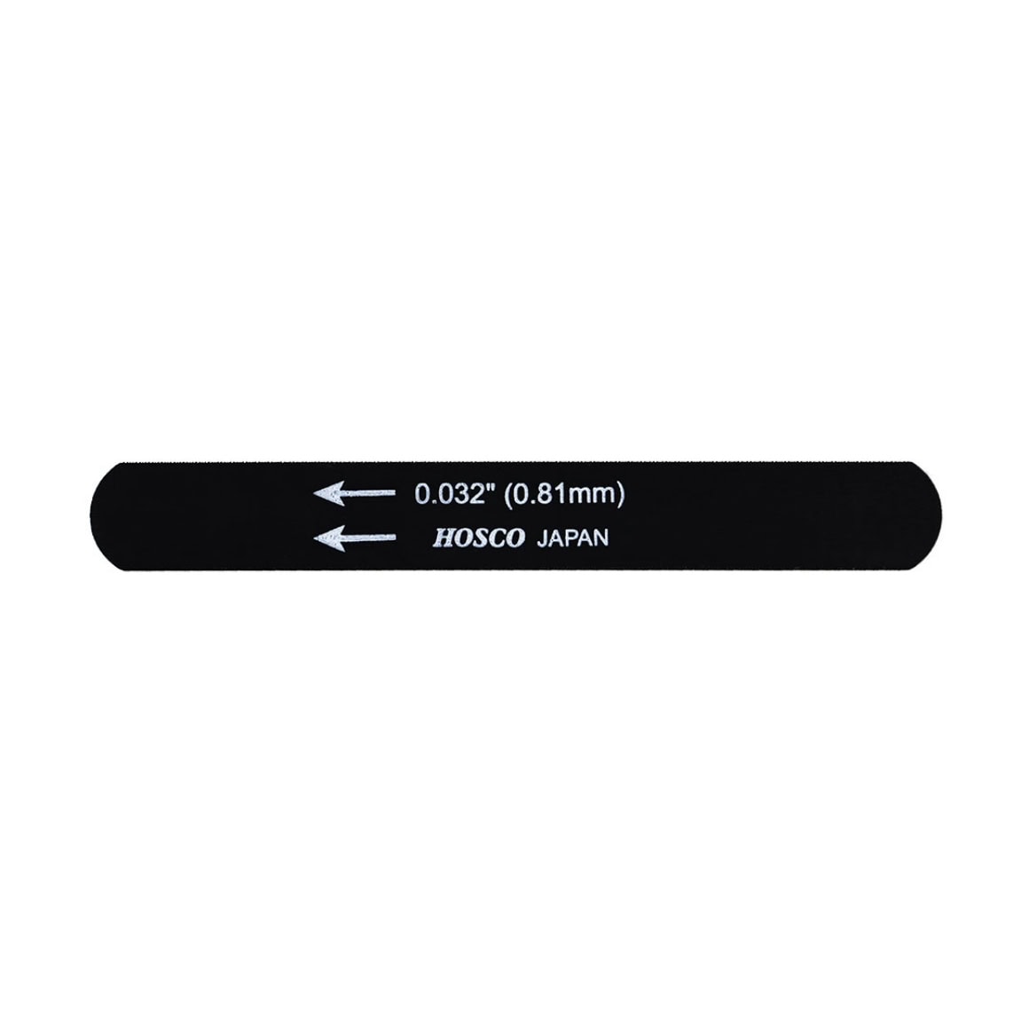 Black metal file tool with text indicating 0.032 inch (0.81mm) thickness and Hosco Japan branding.