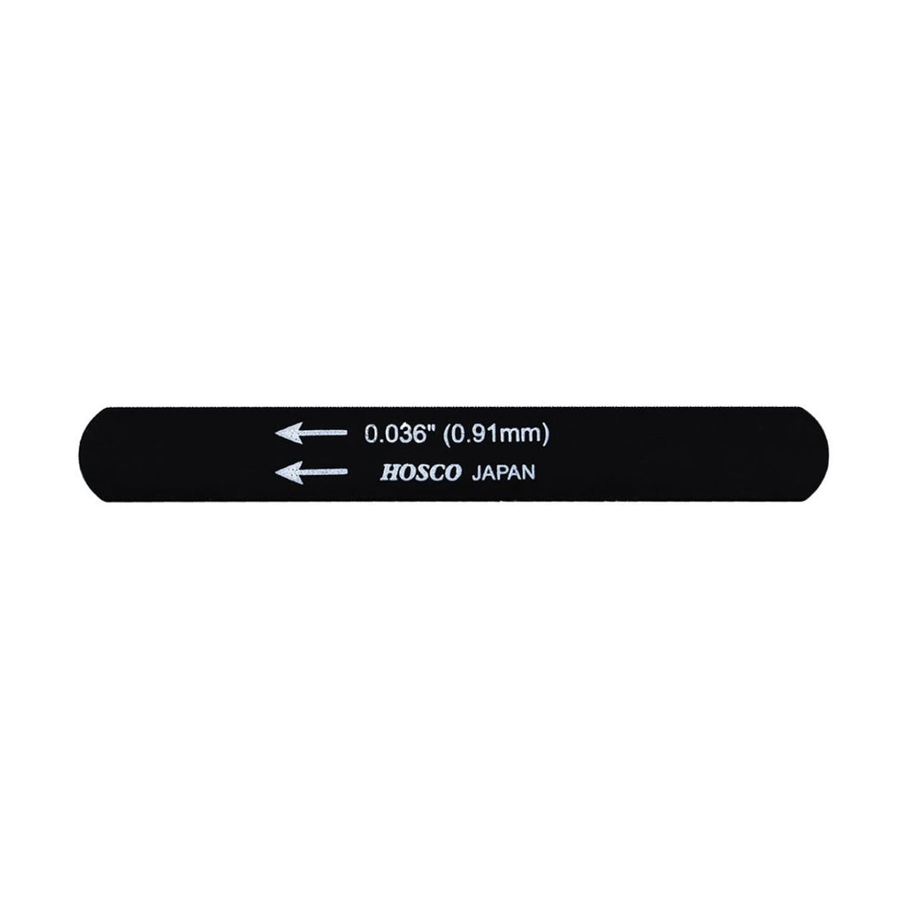 Black metal file tool with white text showing 0.036 inch (0.91 mm) and brand Hosco Japan.
