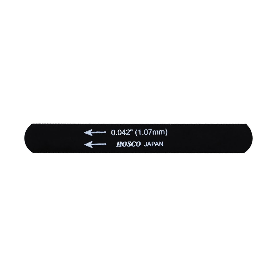 Black flat file tool with white text marking 0.042 inch (1.07 mm) made by Hosco Japan.