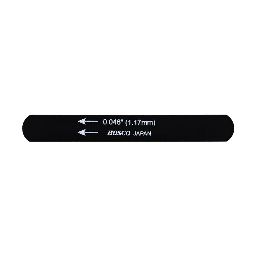 Black metal guitar file with white text and arrows indicating 0.046 inch (1.17mm) size, made by Hosco Japan.