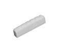 White slotted guitar nut with six slots, shaped for acoustic guitar use.