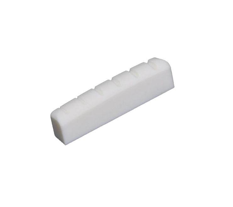 White slotted guitar nut with six slots, shaped for acoustic guitar use.