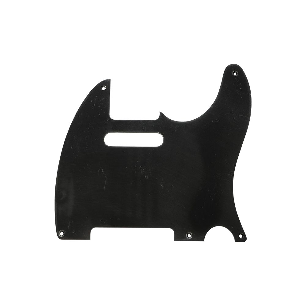 Black pickguard with screw holes and pickup slot, shaped for an electric guitar body.