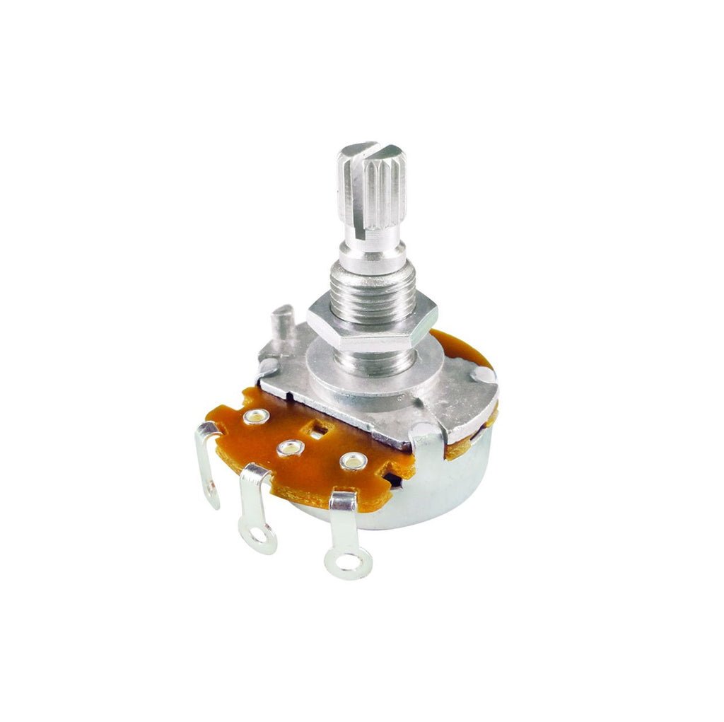 Close-up of a metallic rotary potentiometer with three solder lug terminals and a split shaft.