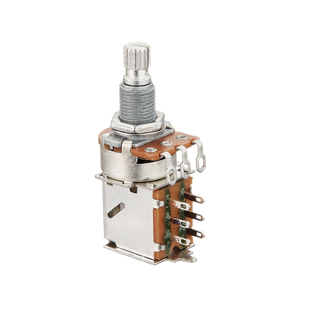 Metal rotary potentiometer with split shaft and multiple solder lugs and pins on a white background.