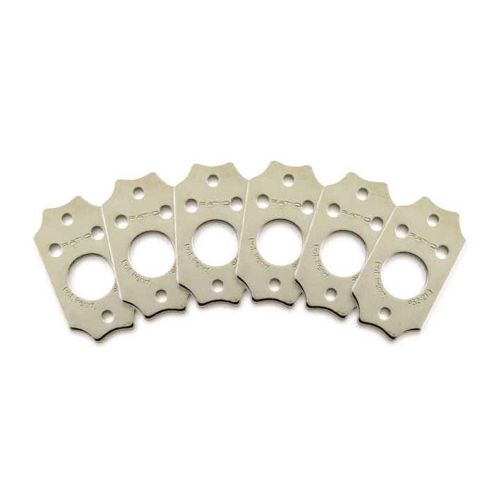 Six silver metal mounting plates with two screw holes and a central large hole arranged in a line on a white background.