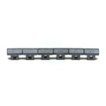 Six gray metal guitar saddles with screw holes in a row on a white background.