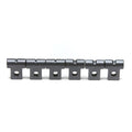 Six small gray metal parts with a hole and slot each, arranged in a row on a white background.