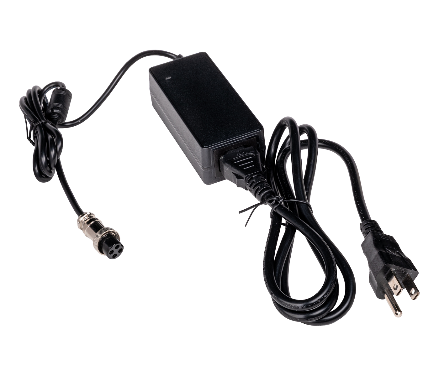 Black power adapter with attached cables and connectors including a 3-pin round connector and a 3-prong power plug.