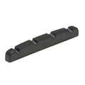 Black curved slotted plastic bass guitar nut with five string slots shown on white background.