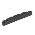 Black slotted guitar or bass nut with four string slots shown on a white background.