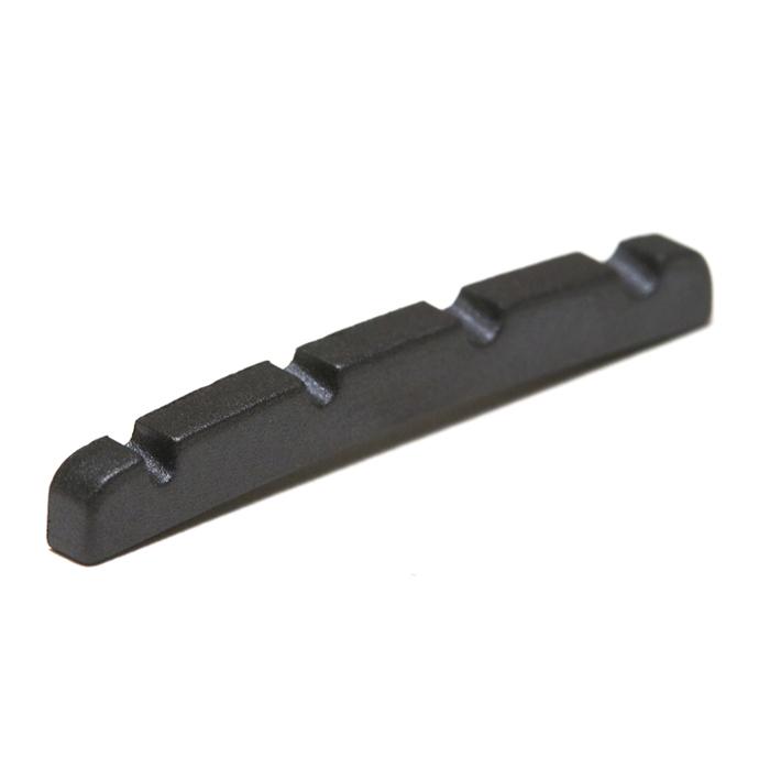 Black slotted guitar or bass nut with four string slots shown on a white background.