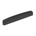 Black flat bottom blank nut for stringed instrument with a slightly curved top and smooth finish.