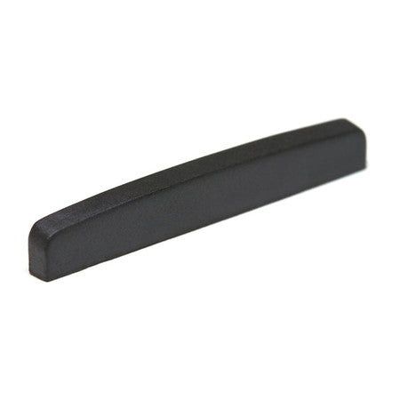 Black flat bottom blank nut for stringed instrument with a slightly curved top and smooth finish.