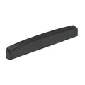 Black flat bottom elongated rectangular nut or saddle part shown on a white background.
