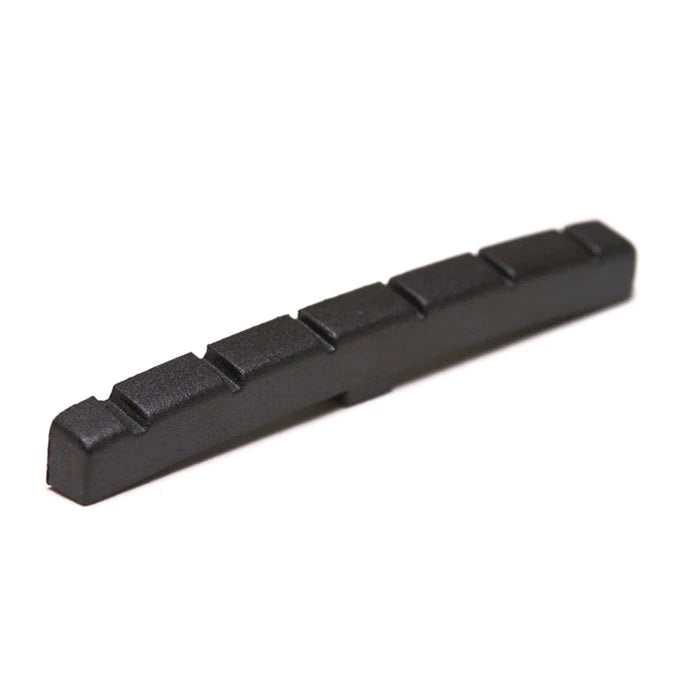 Black slotted guitar nut with six evenly spaced slots shown on a white background.