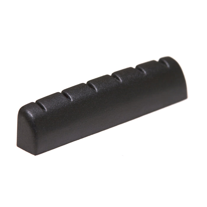 Black slotted guitar nut with six string slots shown on a white background.